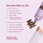 Tower 28's Everyday Base-ics Set includes SunnyDays™ SPF 30 which is a 100% Mineral SPF, is light to medium coverage, has a natural finish, and is soothing while providing Blue Light Protection. Our Swipe Serum Concealer is lightweight and buildable, is medium to full-coverage, doesn't cling to dry patches and provides a skin-like natural finish. Our products are non-irritating, dermatologist approved, and clinically tested. [Shared]