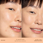 A person's face before and after applying SunnyDays™ Tinted SPF 30 in the shade 18 Montana, revealing sheer, buildable coverage that visibly evens skin tone and softens discoloration while maintaining a natural, skin-like finish. [18 Montana]