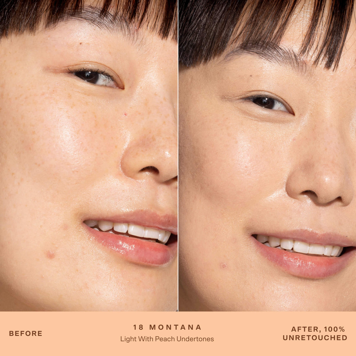 A person's face before and after applying SunnyDays™ Tinted SPF 30 in the shade 18 Montana, revealing sheer, buildable coverage that visibly evens skin tone and softens discoloration while maintaining a natural, skin-like finish. [18 Montana]