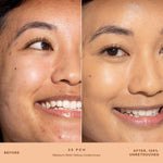 A person's face before and after applying SunnyDays™ Tinted SPF 30 in the shade 30 PCH, revealing sheer, buildable coverage that visibly evens skin tone and softens discoloration while maintaining a natural, skin-like finish. [30 PCH]