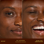 A person's face before and after applying SunnyDays™ Tinted SPF 30 in the shade 65 Topanga, revealing sheer, buildable coverage that visibly evens skin tone and softens discoloration while maintaining a natural, skin-like finish. [65 Topanga]