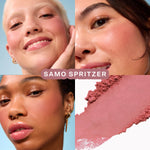 Various shots of Tower 28 Beauty’s GetSet Powder Blush in the shade Samo Spritzer are shown, including swatches on different skin tones, open compacts, and a crushed mauve pigment. [Samo Spritzer]