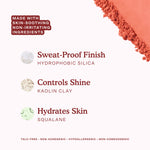 A swatch of Tower 28 Beauty’s GetSet Powder Blush in the shade Culver Crush is shown alongside ingredient highlights: hydrophobic silica for a sweat-proof finish, kaolin clay to control shine, and squalane to hydrate skin. The formula is talc-free, non-acnegenic, hypoallergenic, and non-comedogenic. [Culver Crush]