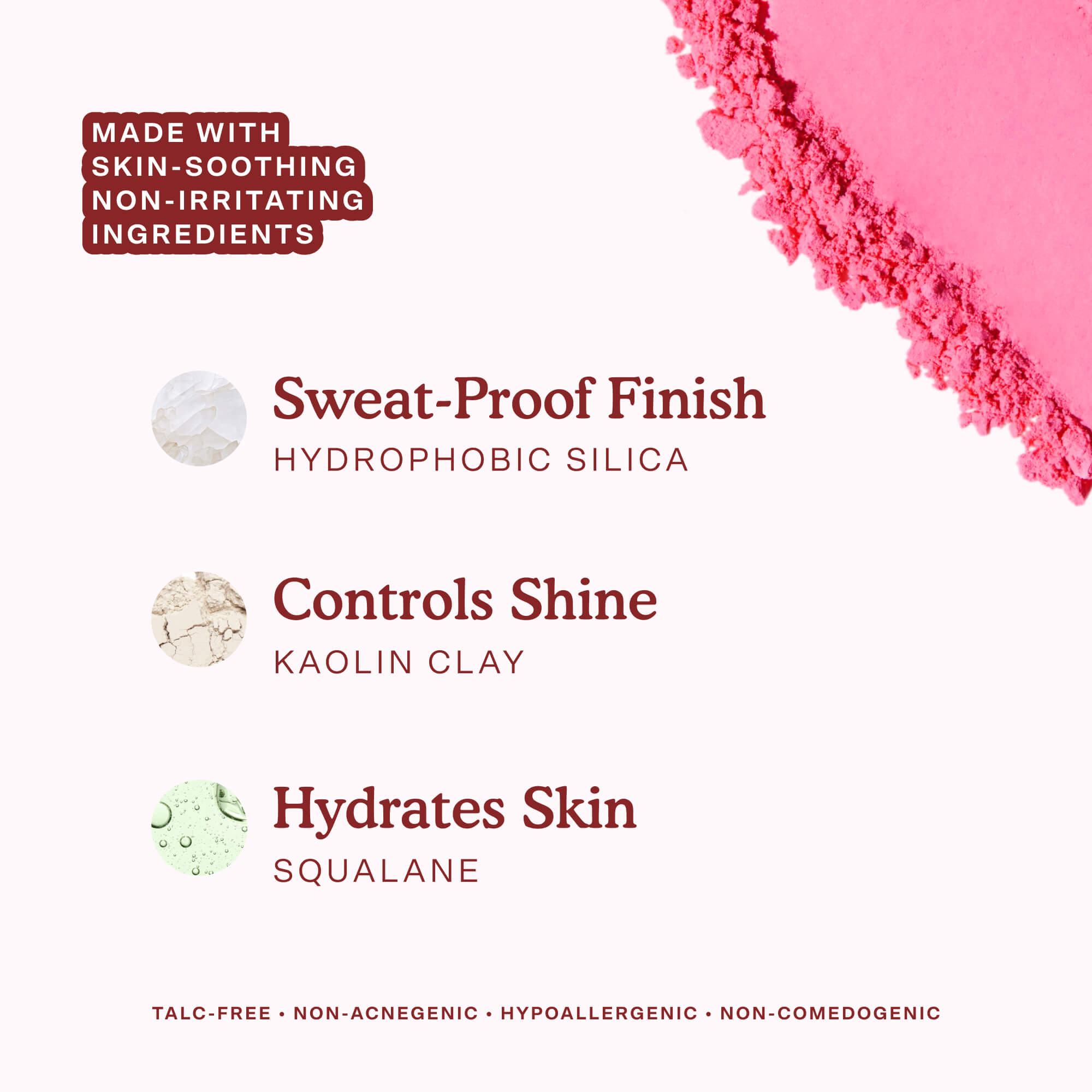 A swatch of Tower 28 Beauty’s GetSet Powder Blush in the shade Malibu Cooler is shown alongside ingredient highlights: hydrophobic silica for a sweat-proof finish, kaolin clay to control shine, and squalane to hydrate skin. The formula is talc-free, non-acnegenic, hypoallergenic, and non-comedogenic. [Malibu Cooler]