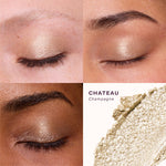 Makeup swatch of 'Chateau Champagne' eyeshadow on a model's eyelid with close-up of product. [Chateau]