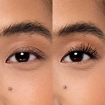 Shade: Jet [A close up of a model's eyelashes before and after applying the Tower 28 Beauty MakeWaves™ Mascara in Jet. Lashes are visibly lifted and lengthened. Mini]