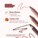 Tower 28 Beauty’s OneLiner Lip Liners are displayed alongside swatches and ingredient highlights. The formula includes shea butter to hydrate and soothe skin, and jojoba oil, a rich antioxidant that moisturizes and softens. It’s made without pore-clogging ingredients and is safe for sensitive skin. [Shared]