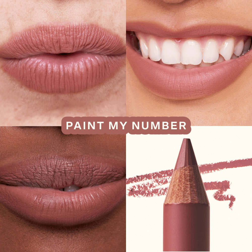 Close-up shots of lips wearing Tower 28 Beauty’s OneLiner Lip Liner in the shade Paint My Number across different skin tones. [Paint My Number]