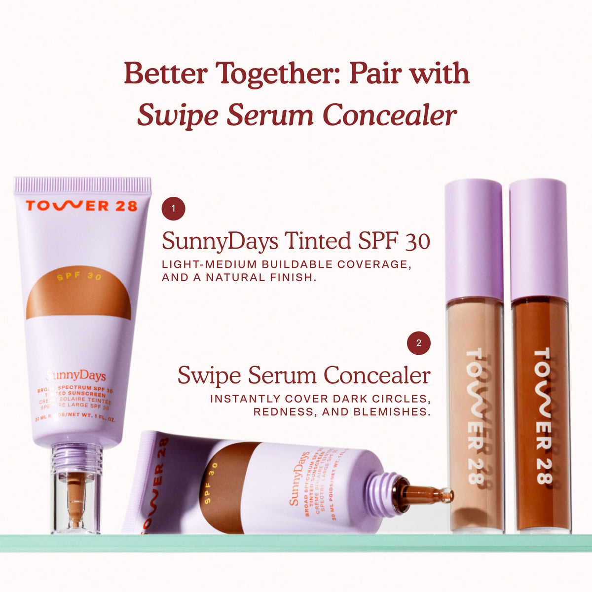 Tower 28 skincare products including a tube and two bottles on a white background with text about product pairing. [Shared]