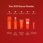 Tower 28 RESCUE skincare product lineup with SOS Rescue Routine steps on a red background. [Shared]