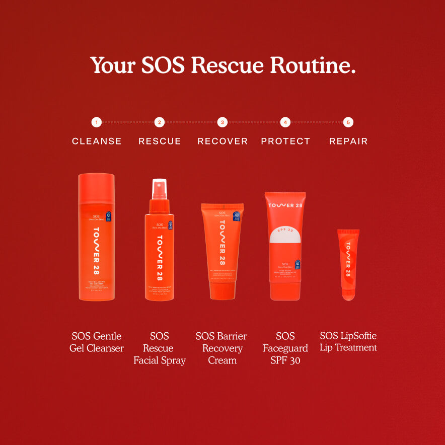 Tower 28 RESCUE skincare product lineup with SOS Rescue Routine steps on a red background. [Shared]