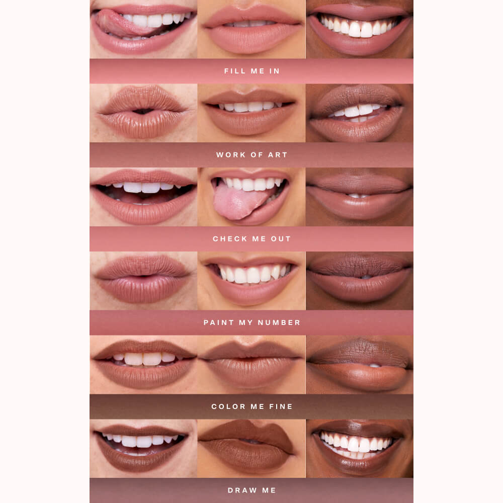 A shade comparison of Tower 28 Beauty’s OneLiner Lip Liner range, showing close-ups of lips across different skin tones wearing each shade: Fill Me In, Work of Art, Check Me Out, Paint My Number, Color Me Fine, and Draw Me. [Shared]