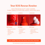 Tower 28 Beauty SOS Rescue Routine in three steps: Cleanse with SOS Cleanser, Rescue with SOS Spray, and Recover with SOS Cream. Each step includes key product benefits and pH levels. A highlighted statement notes that 94% agree this routine makes skin feel soothed. [Full-Size Set]