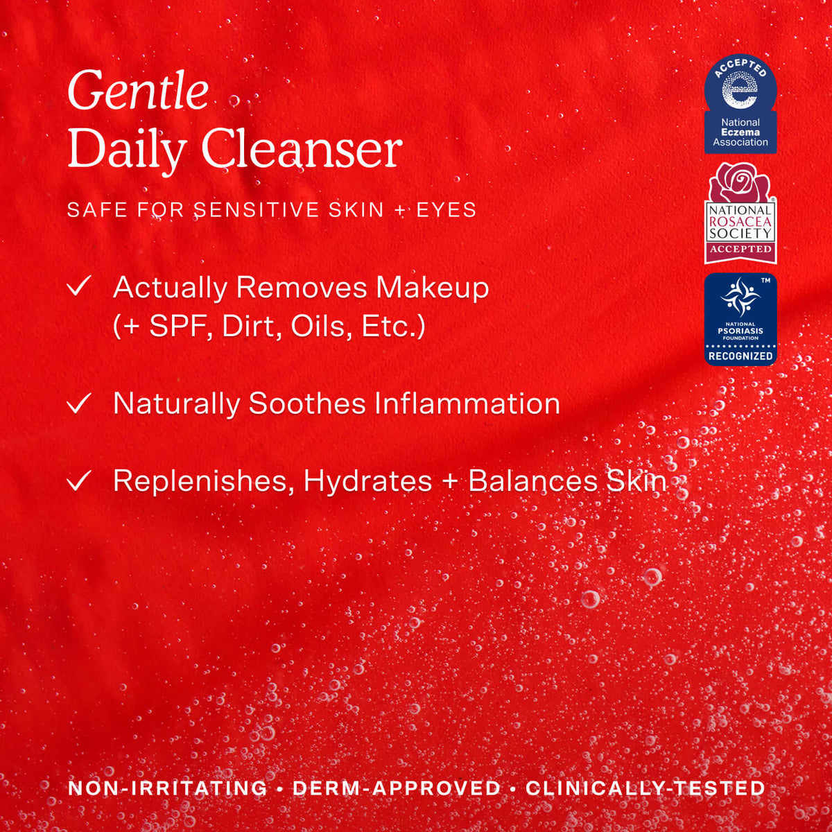 Advertisement for a gentle daily cleanser on a red background with product features listed. [Shared]