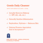 Benefits of the SOS Gel Cleanser, highlighting that it removes makeup, SPF, dirt, and oils, soothes inflammation, hydrates and balances skin, and has the National Eczema Association Seal of Acceptance. Also noted as non-irritating, derm-approved, and clinically tested. [Shared]