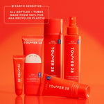 A group of Tower 28 Beauty SOS products is displayed. Text highlights that all bottles and tubes, are made from 100% PCR (post-consumer recycled) plastic. [Shared: SOS FaceGuard SPF 30]