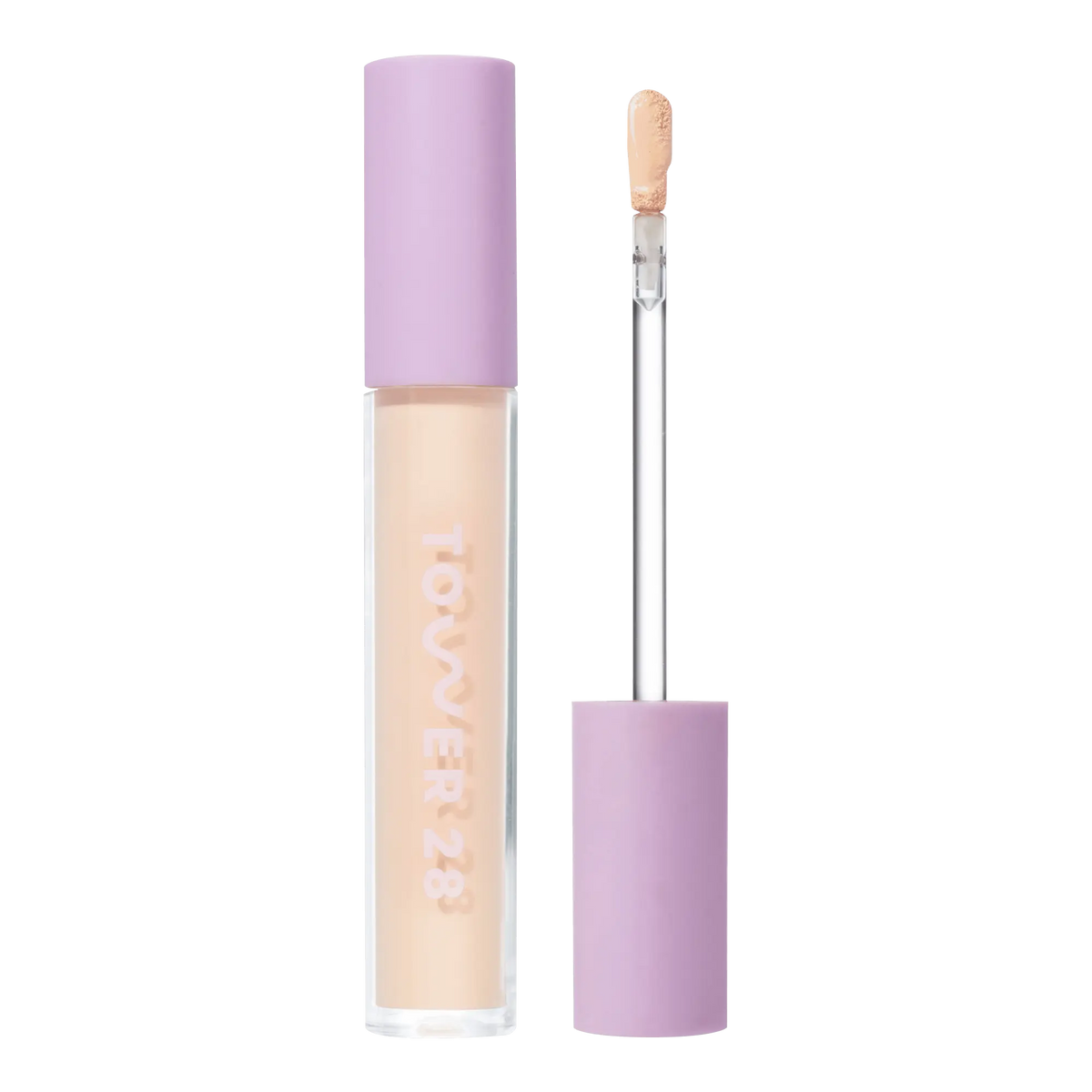 Tower 28 Beauty Swipe Serum Concealer in the shade 3.0 CC, shown with the tube standing upright next to the open applicator wand to reveal the product. [3.0 CC]