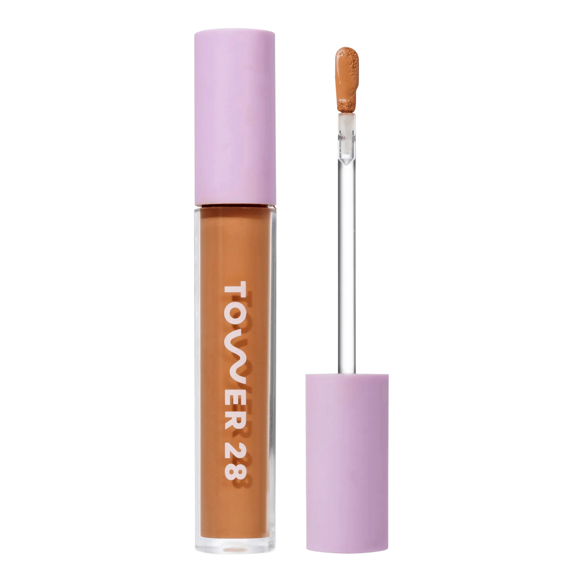 Tower 28 Beauty Swipe Serum Concealer in the shade 14.0 PV, shown with the tube standing upright next to the open applicator wand to reveal the product. [14.0 PV]