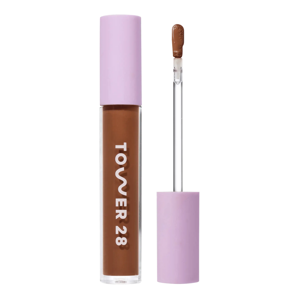 Tower 28 Beauty Swipe Serum Concealer in the shade 17.0 SD, shown with the tube standing upright next to the open applicator wand to reveal the product. [17.0 SD]