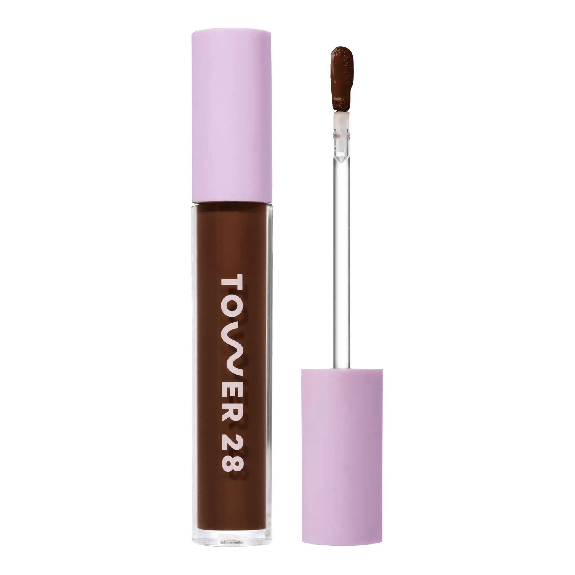 Tower 28 Beauty Swipe Serum Concealer in the shade 20.0 WLA, shown with the tube standing upright next to the open applicator wand to reveal the product. [20.0 WLA]